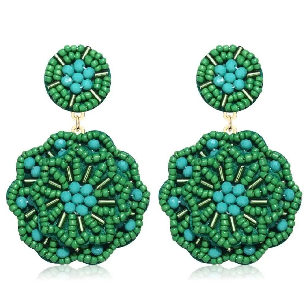 Green and Blue Beaded Double Flower Boho Dangling Drop Statement Post Earrings
